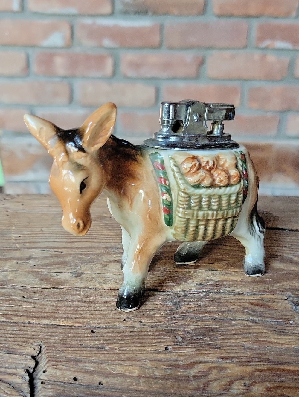 Vintage MCM 1950's Ceramic Donkey Table Lighter in Brown and Cream